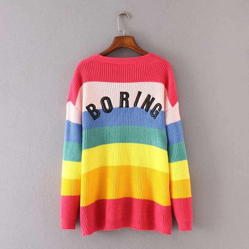 Rainbow Striped Knitted Oversized Cardigan Sweater