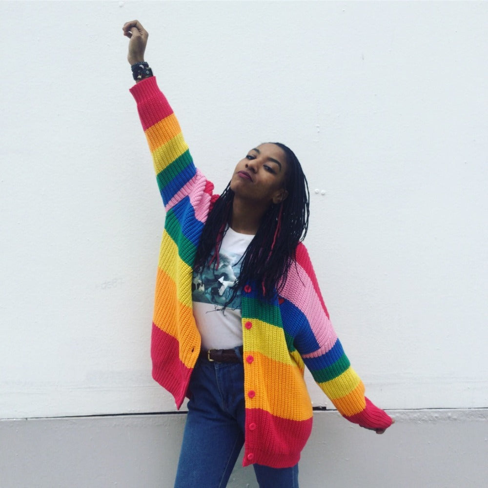 Rainbow Striped Knitted Oversized Cardigan Sweater