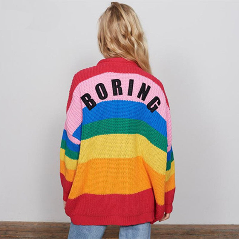 Rainbow Striped Knitted Oversized Cardigan Sweater