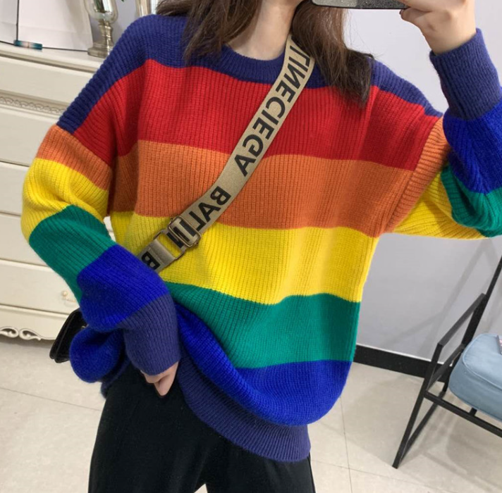 Rainbow Oversized Knit Sweater for Fall