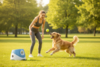 Woman playing fetch with her dog in the park using the blue Automatic Tennis Ball Launcher